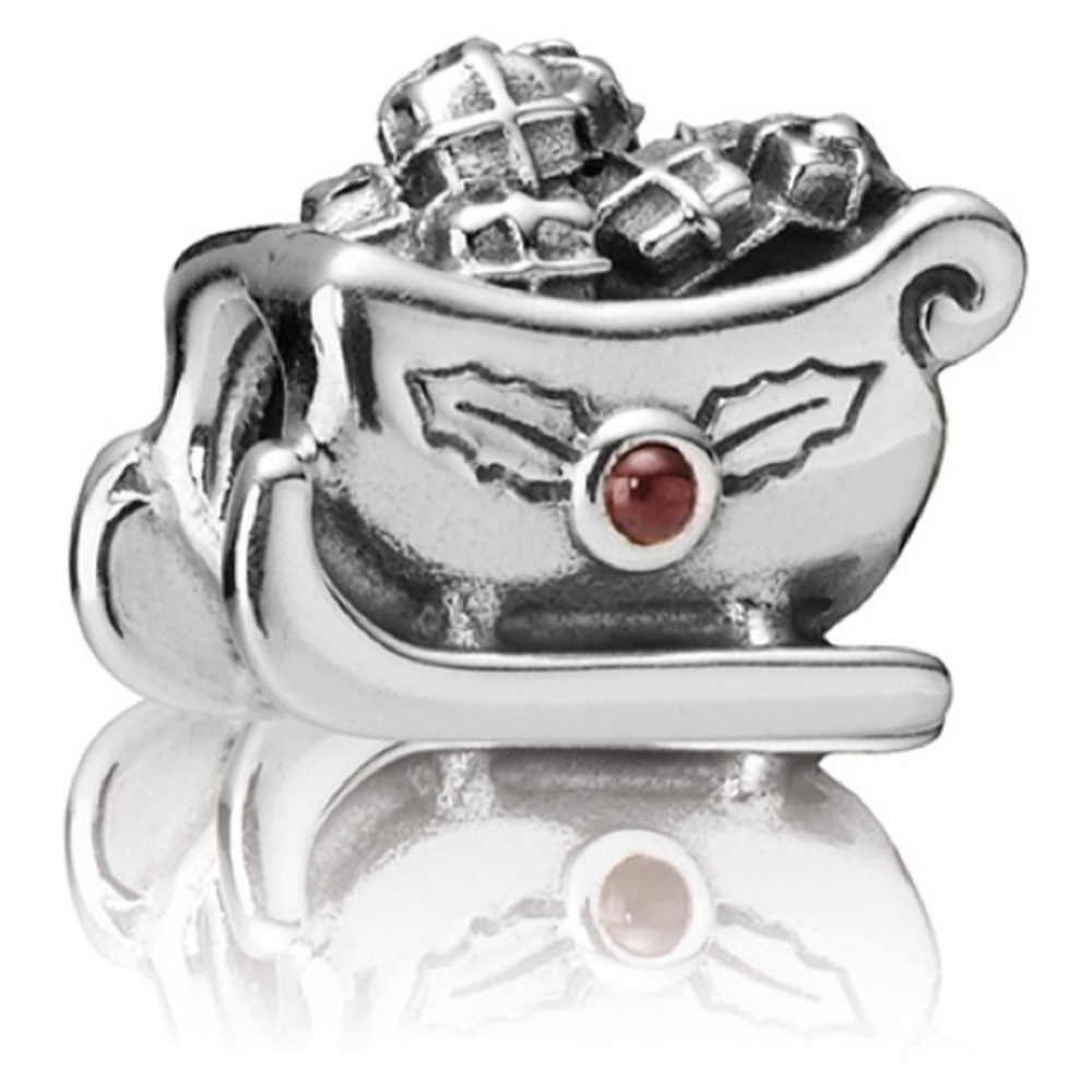 Genuine Retired PANDORA Santa’s Sleigh Charm with Garnet Holly; 790562GA